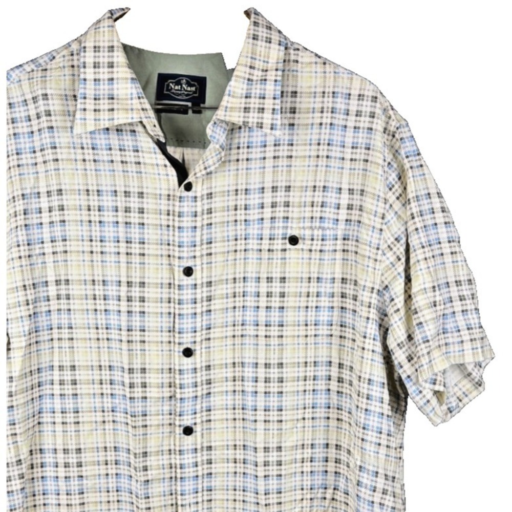 Nat Nast Luxury Originals 100% Silk Shirt XL American Fit Plaid Grey Blue SS